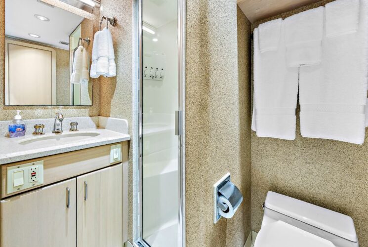 Yacht ensuite bathroom with light colored walls, light tan vanity, and stand up shower with glass and pewter shower door