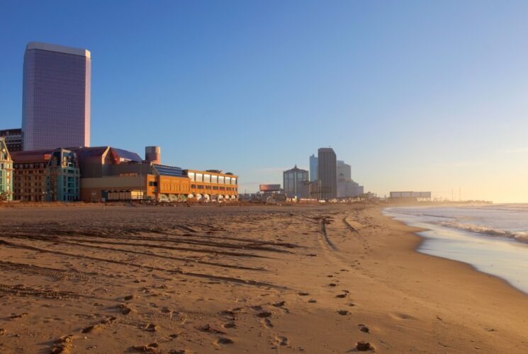 View of Atlantic City buildings from the sandy beach